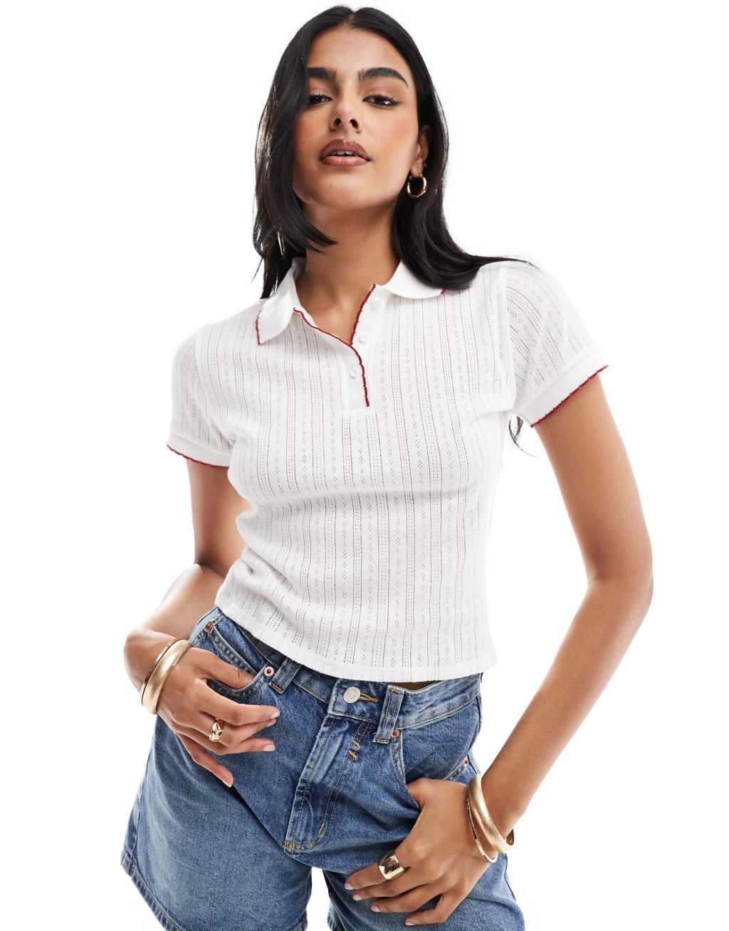 Miss Selfridge pointelle tipped polo top in ivory Product Image