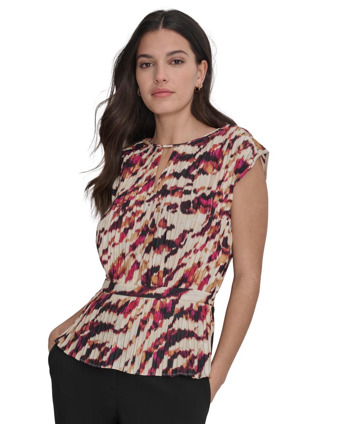 Dkny Womens Printed Pleated Cap Sleeve Blouse Product Image