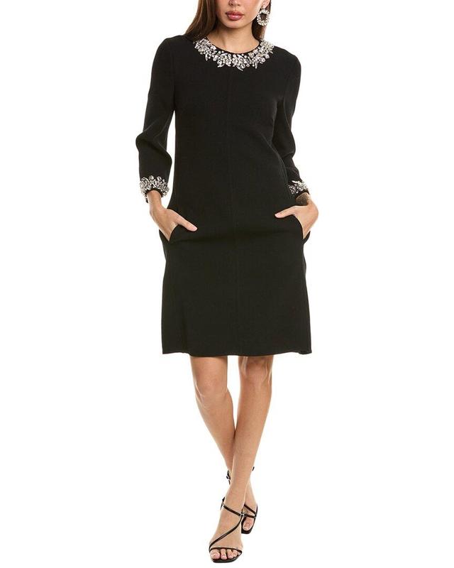 OSCAR DE LA RENTA Crystal Trim Silk-lined Wool-blend Shift Dress In Black Product Image