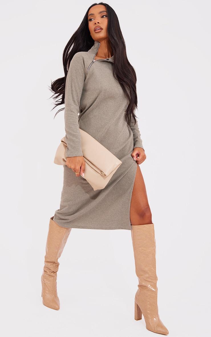 Sage Khaki Rib Zip Funnel Neck Split Detail midi Dress Product Image