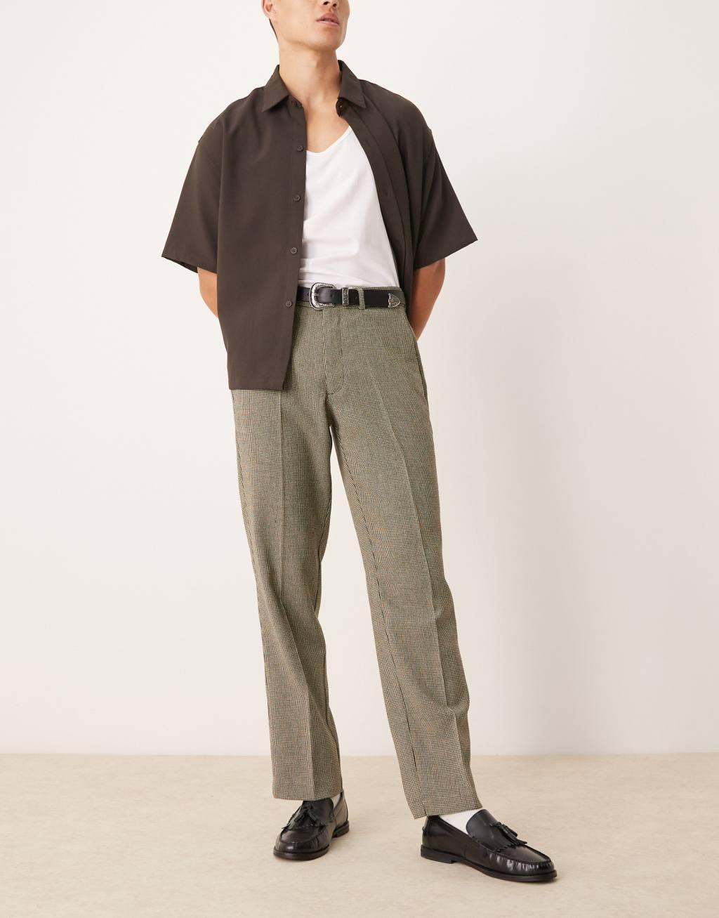 ASOS DESIGN smart straight leg wool blend pants in dark green puppytooth Product Image