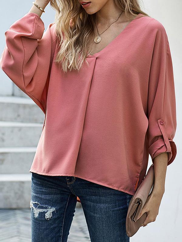 High-Low Loose Buttoned Solid Color V-Neck T-Shirts Tops Product Image