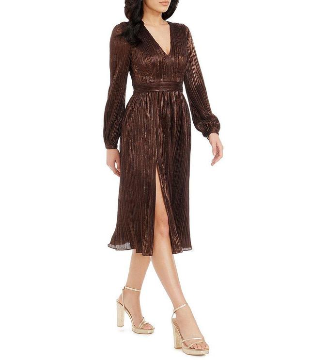 Dress the Population Holly Metallic V-Neck Long Bishop Sleeve Pleated Midi Dress Product Image