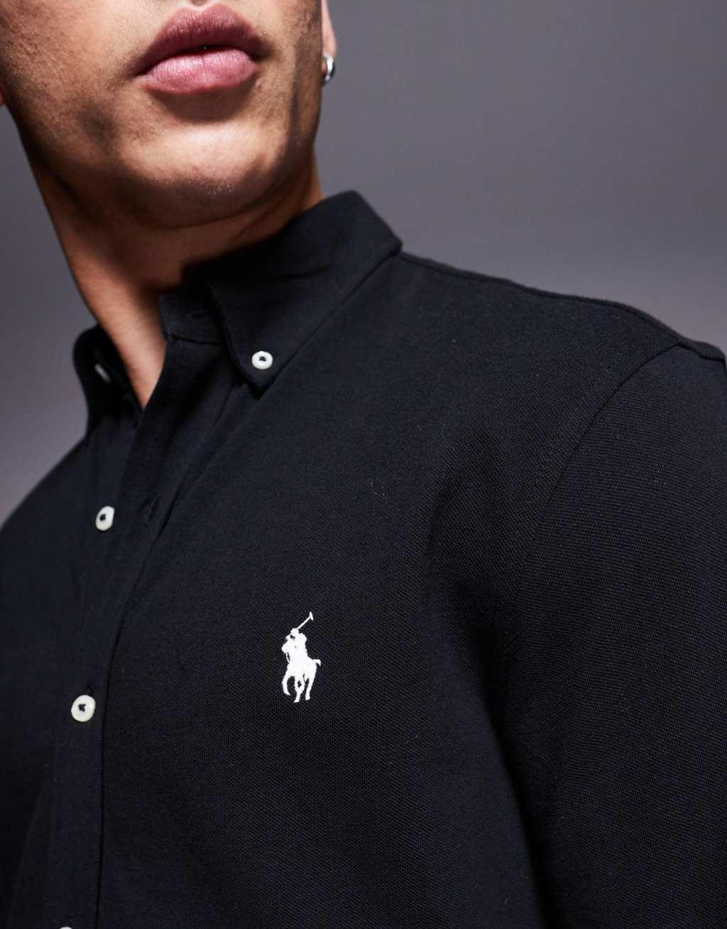 Polo Ralph Lauren icon logo button down pique shirt in black Product Image