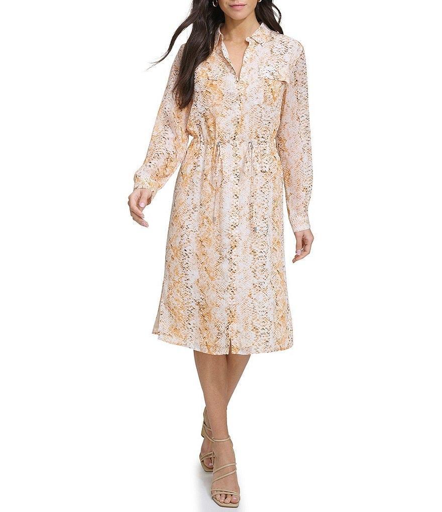 Calvin Klein Printed Collared Neckline Long Sleeve Shirt Dress Product Image