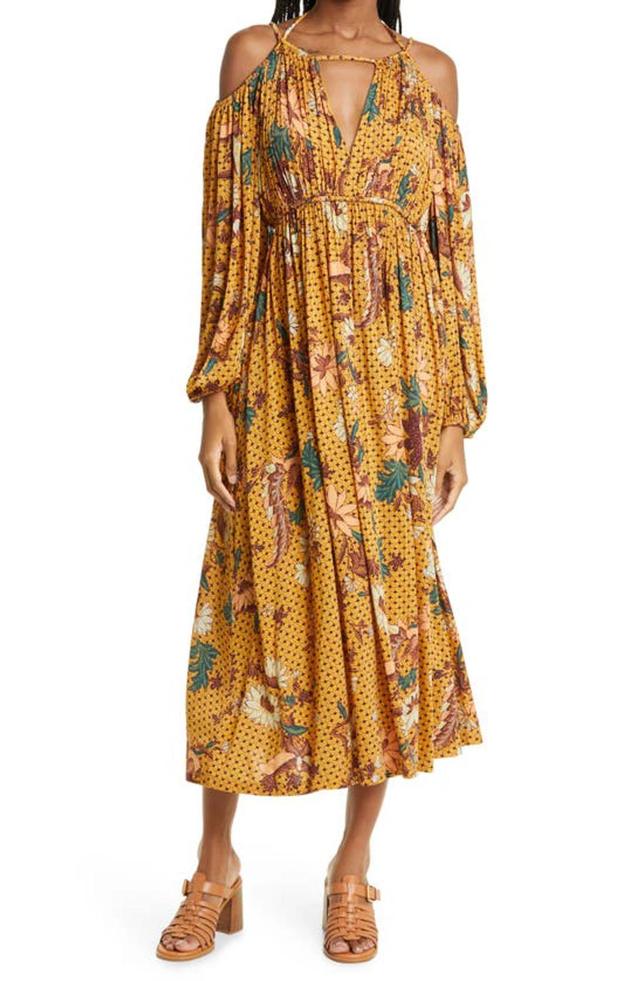 Noemi Cold-shoulder Floral Midi Dress In Amber Product Image