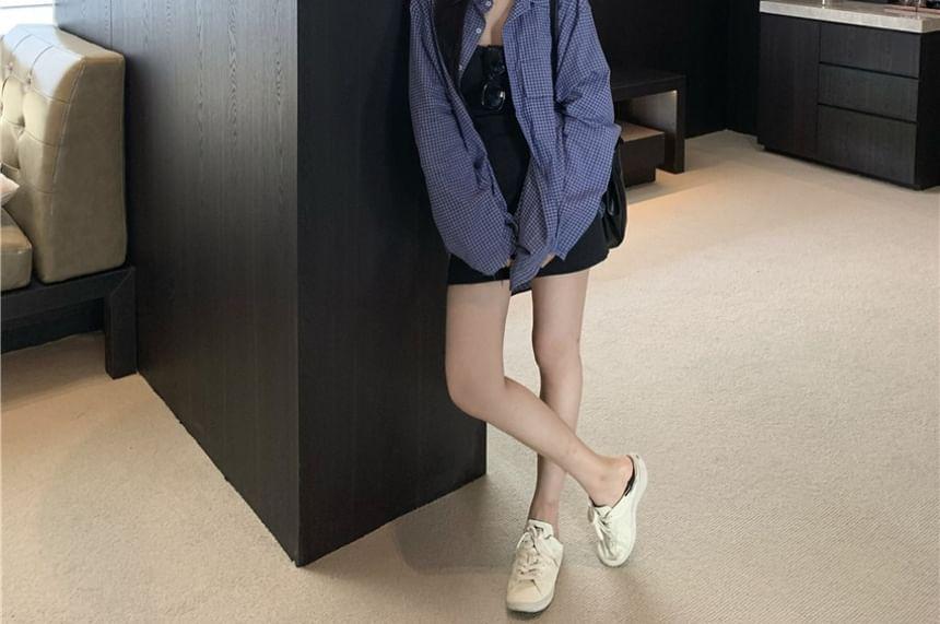 Long-Sleeve Striped Shirt / Spaghetti Strap Mini Dress Product Image