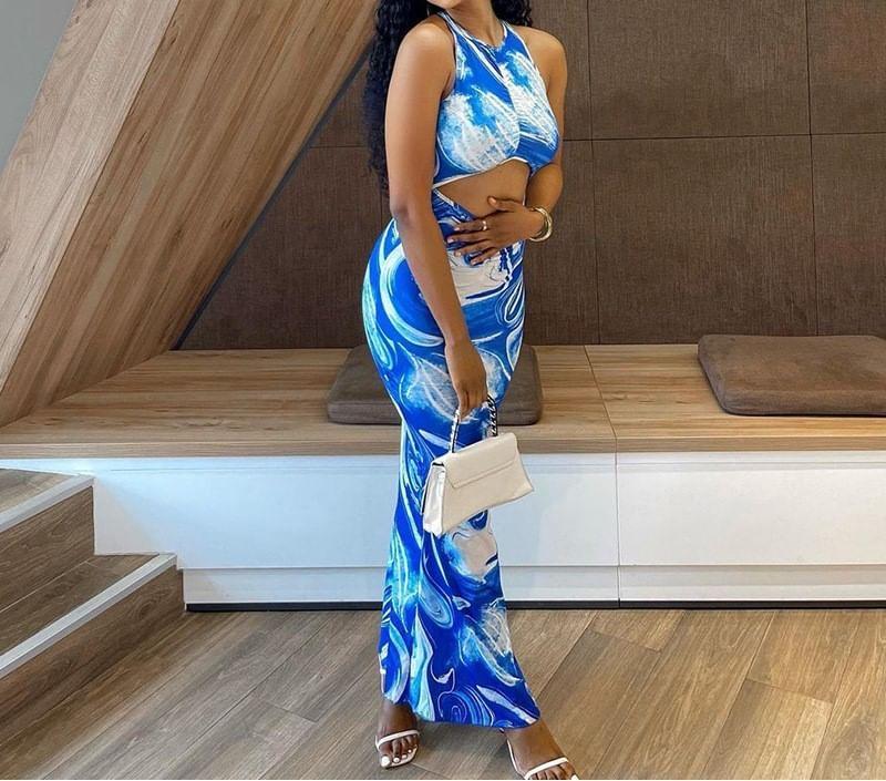 Sleeveless Patterned Cutout Maxi Bodycon Dress Product Image