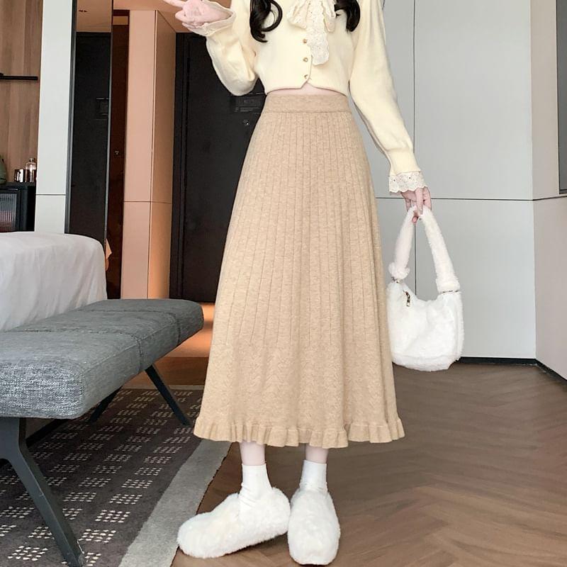 Elastic Waist Plain Ruffle Trim Midi A-Line Knit Skirt Product Image