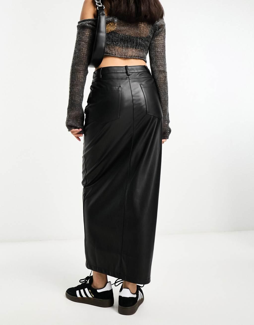 ASOS DESIGN faux leather maxi skirt with front split in silver metallic Product Image