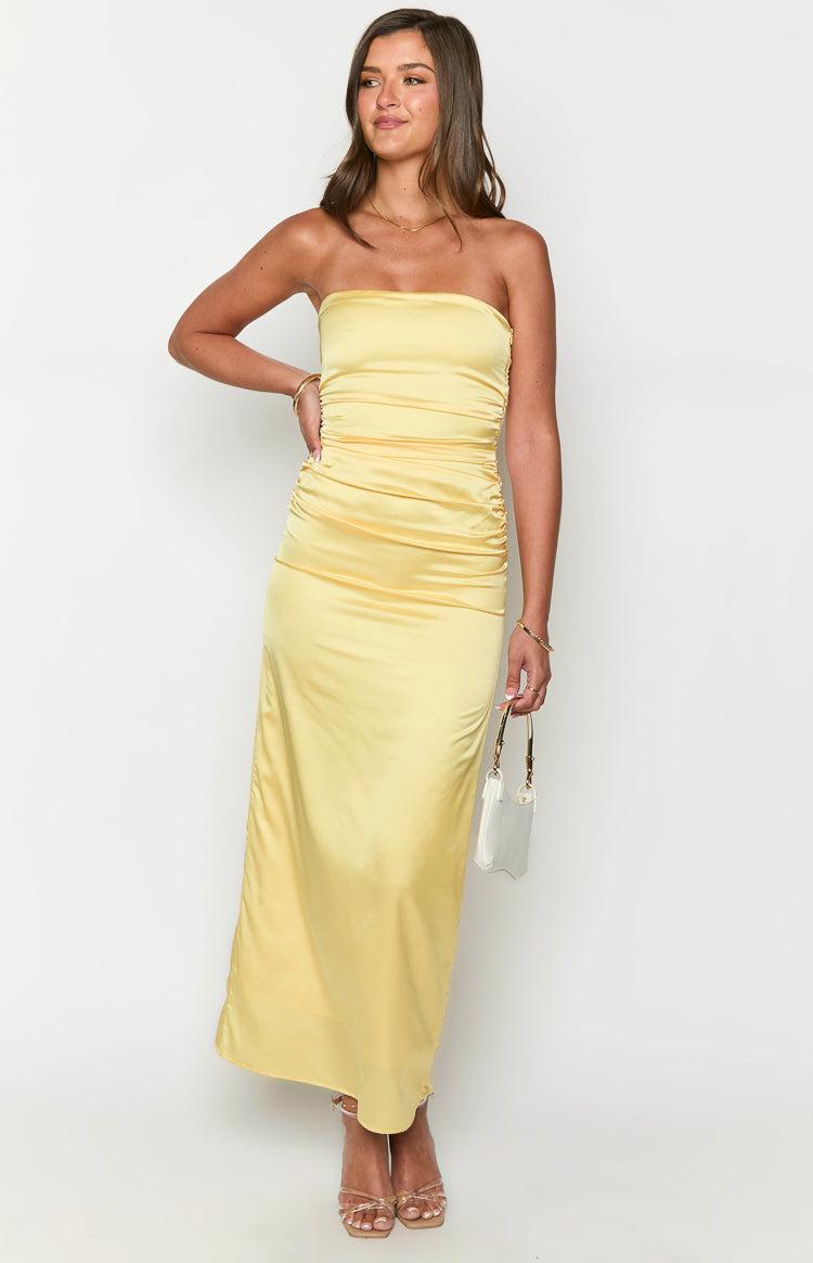 Yellow Bloom Satin Strapless Maxi Dress Product Image