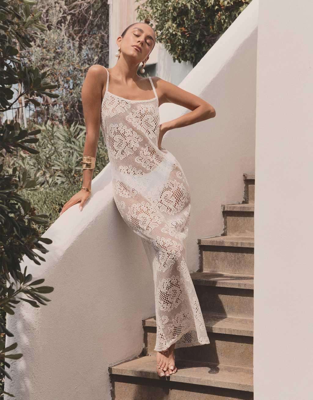 4th & Reckless x Luana Barron agnes crochet maxi beach dress in off white Product Image