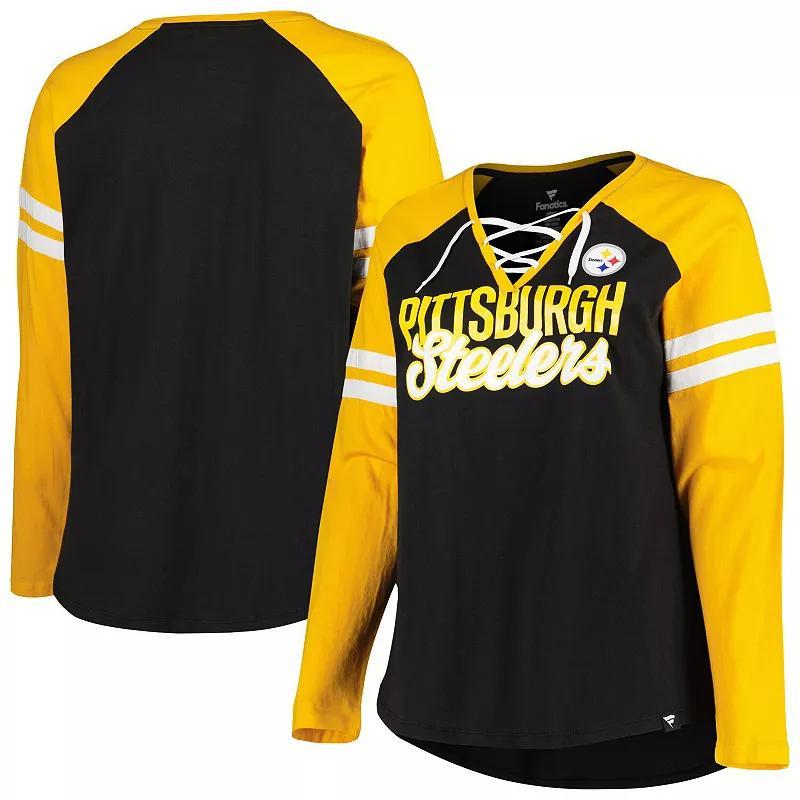 Womens Fanatics Branded /Gold Pittsburgh Steelers Plus Size True to Form Lace-Up V-Neck Raglan Long Sleeve T-Shirt Product Image