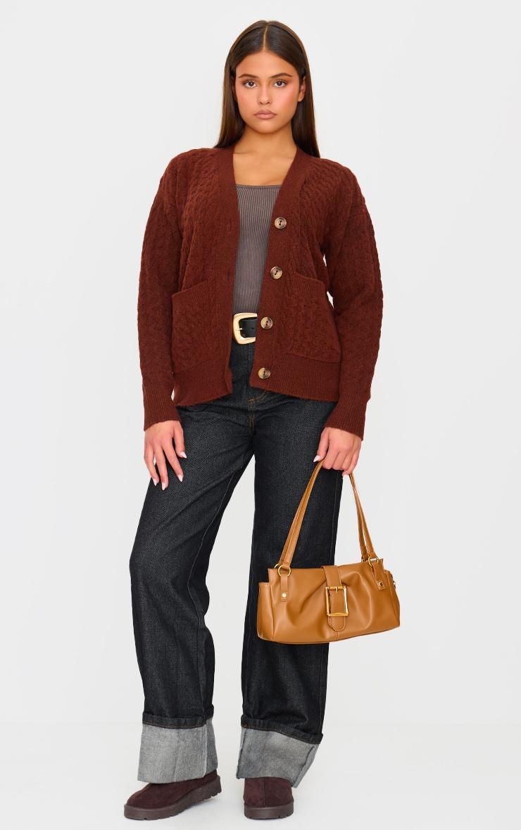 Chocolate Soft Textured Cable Knit Button Up Cardigan Product Image