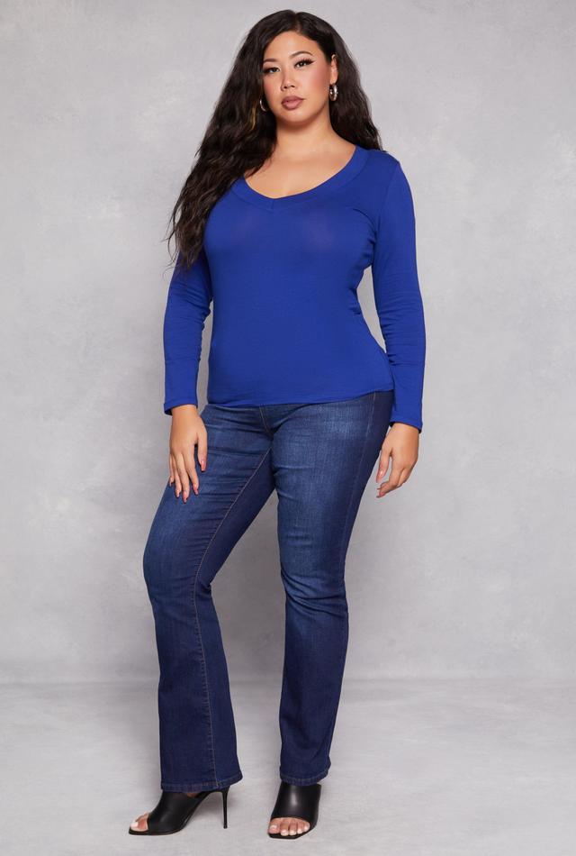 Womens Plus Size Solid V Neck Long Sleeve Tee Product Image