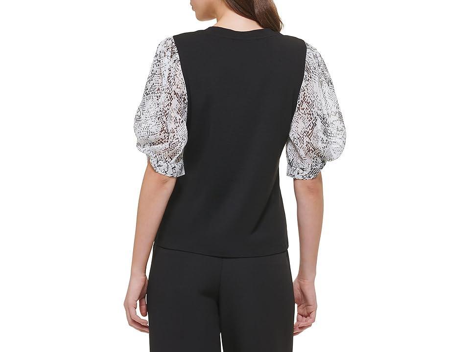 DKNY Short Sleeve Crew Neck Printed Chiffon Sleeve Blouse (Black/Ivory Multi) Women's Clothing Product Image