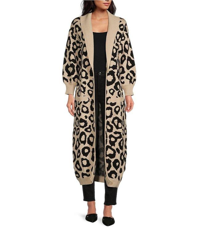 Sugarlips Smitten Leopard Print Knit Shawl Collar Neck Long Sleeve Duster Cardigan Product Image