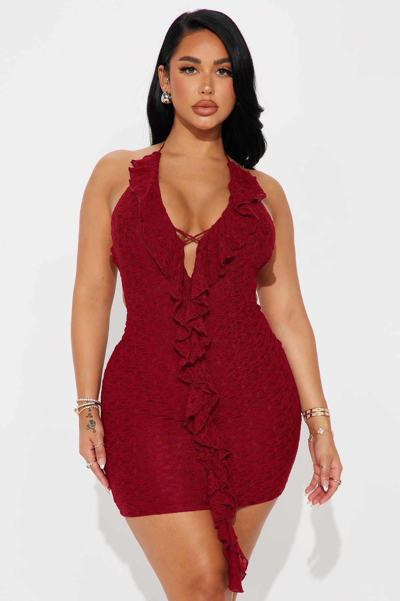 Adina Lace Micro Mini Dress - Burgundy Product Image