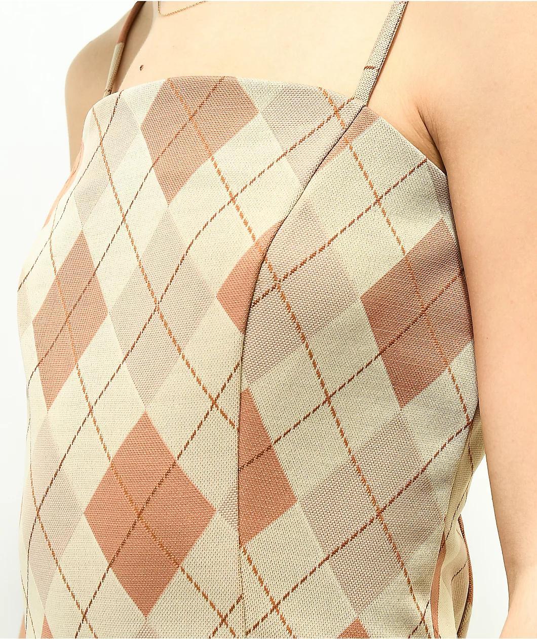 Spicychix Tan & Brown Argyle Plaid Mini Dress Product Image