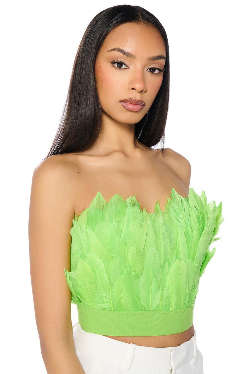 FLY AWAY FEATHER TUBE TOP IN NEON GREEN Product Image