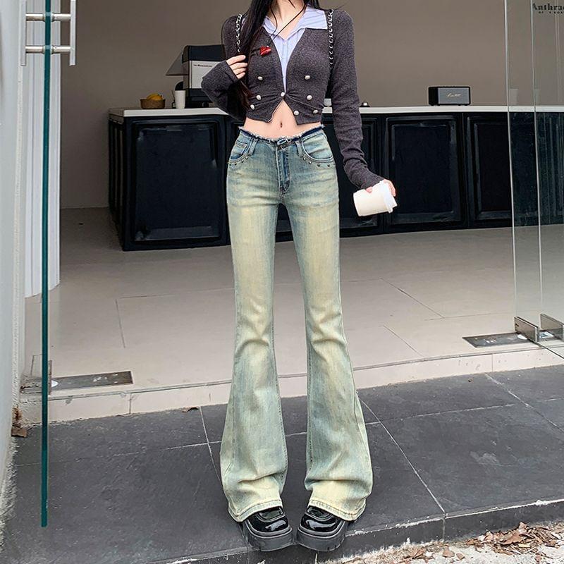 Low Waist Studded Washed Flared Jeans product image