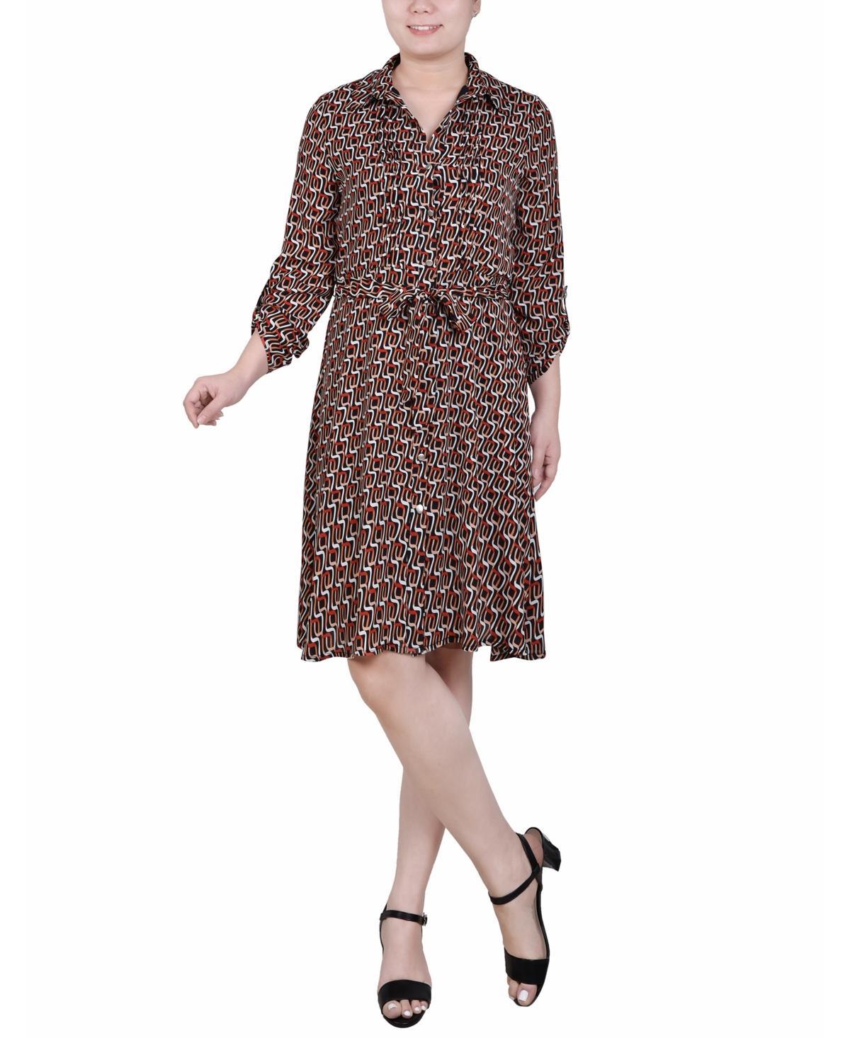 Ny Collection Petite Geometric Printed Roll Tab Sleeve Dobby Shirt Dress Product Image