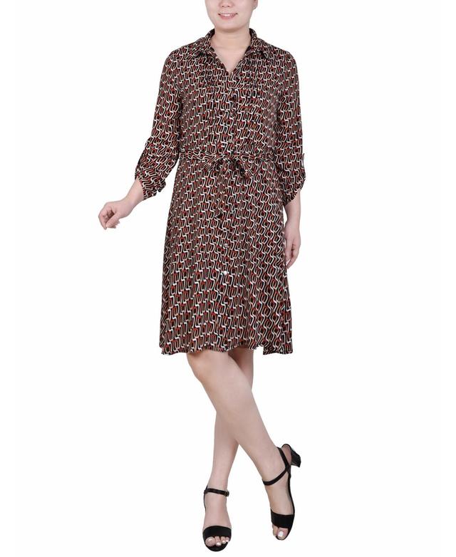 Ny Collection Petite Geometric Printed Roll Tab Sleeve Dobby Shirt Dress Product Image