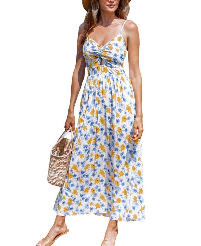 Cupshe Womens Blue & Yellow Floral Sweetheart Twist & Keyhole Maxi Beach Dress Product Image