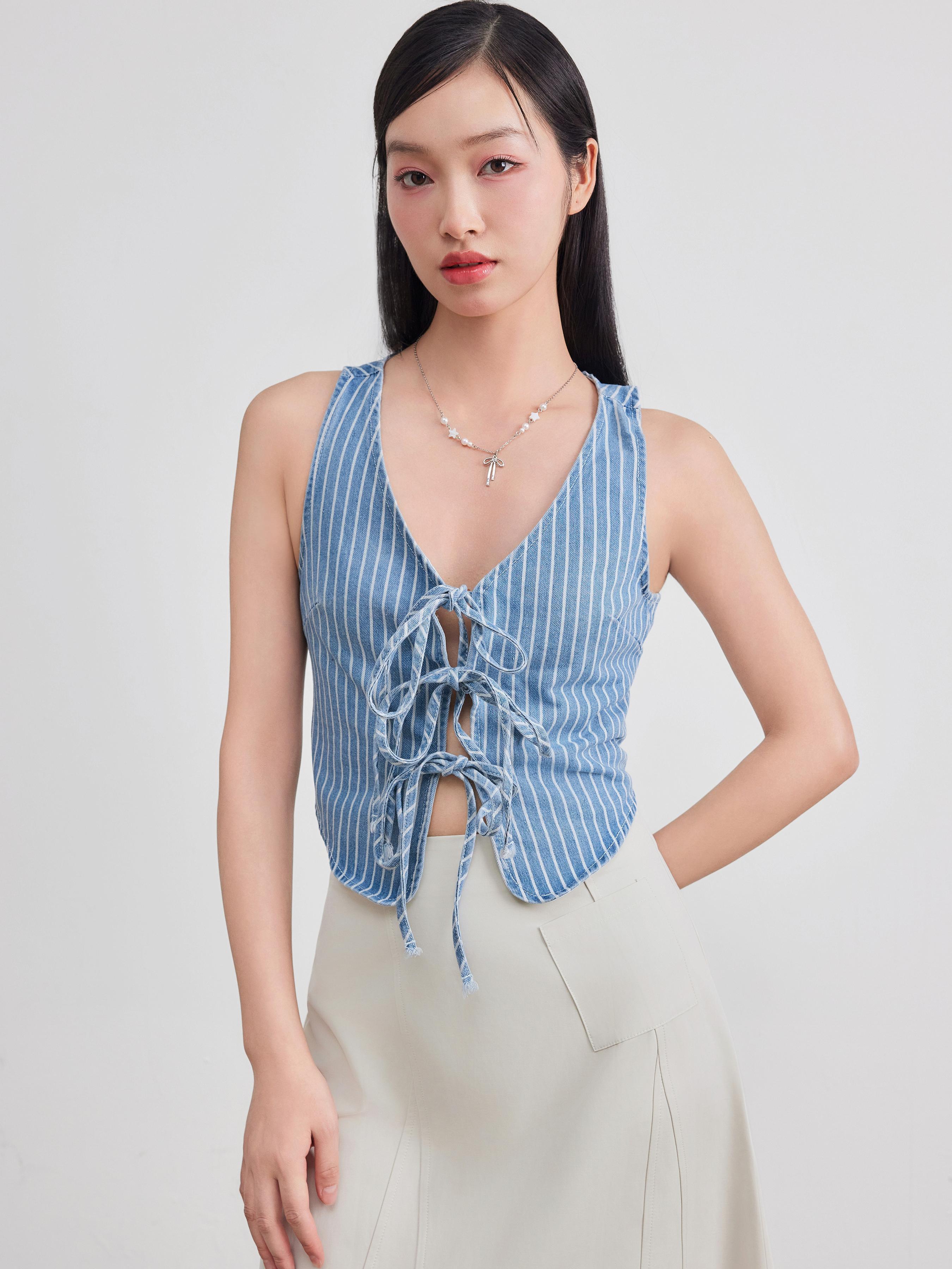 Denim V-neck Striped Knotted Vest Product Image