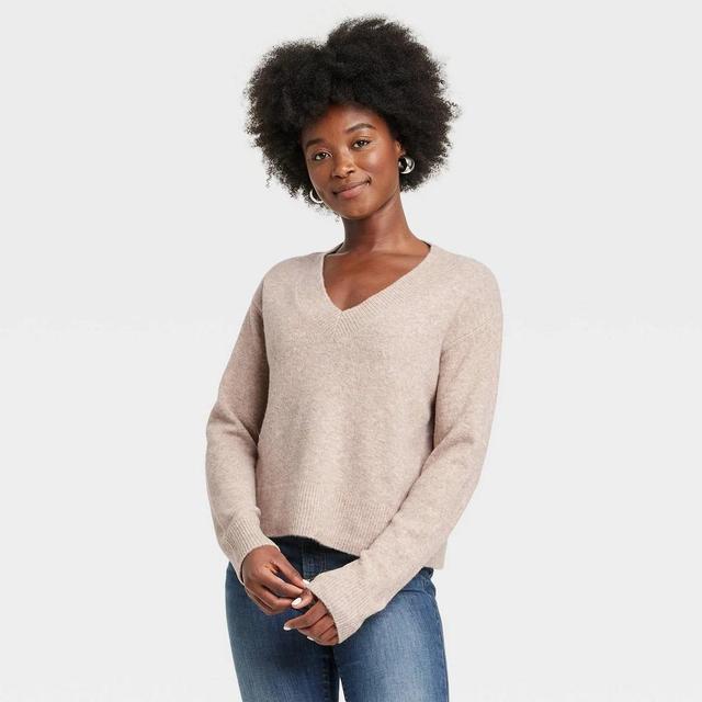 Women's Cozy Knit V-Neck Pullover Sweater - Universal Thread™ Tan S Product Image