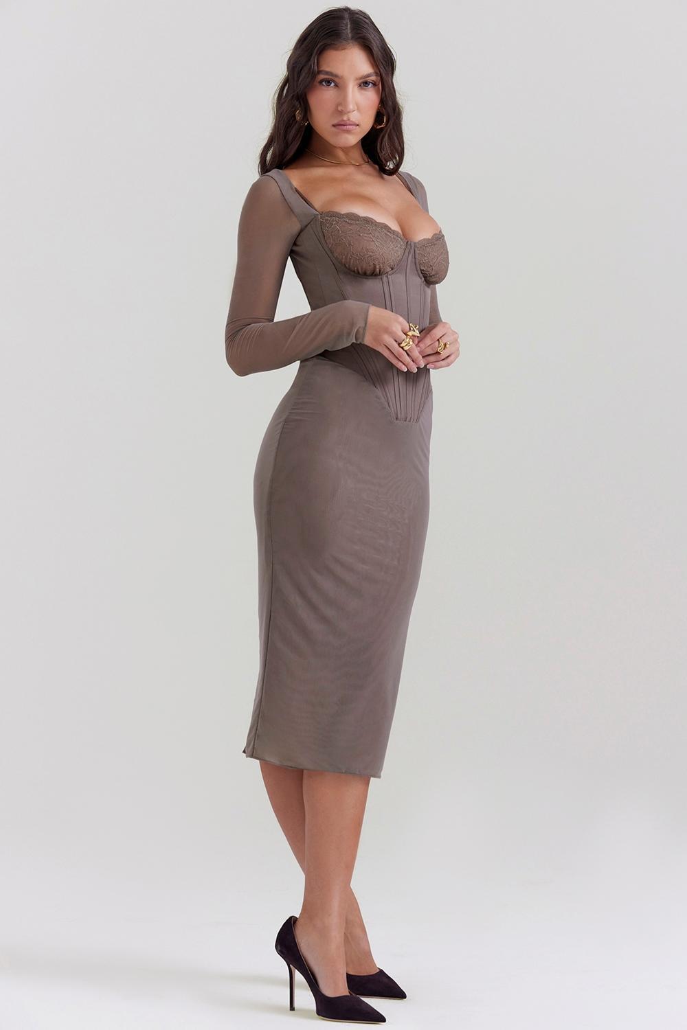 Safran Mocha Corset Midi Dress Product Image