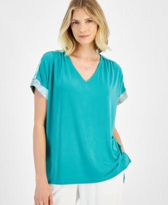 Jm Collection Womens Mixed-Media Short Sleeve Top, Created for Macys Product Image