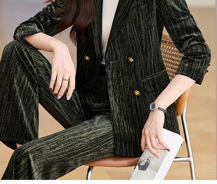 Lapel Collar Plain Corduroy Double Breasted Blazer / Mid Waist Plain Wide Leg Suit Pants / Set Product Image