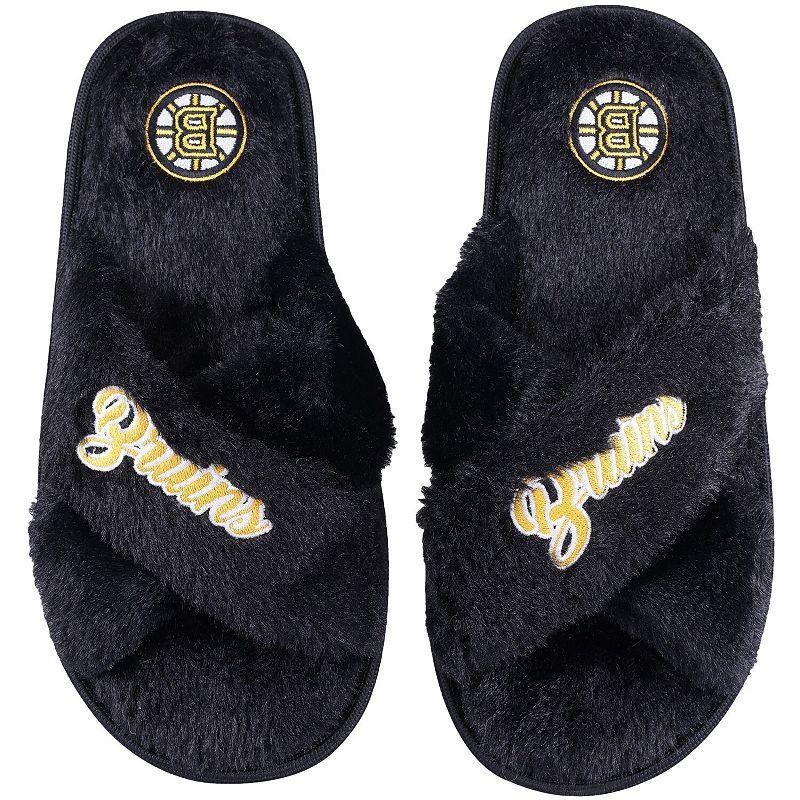 Womens FOCO Boston Bruins Script Cross Slide Slippers Product Image