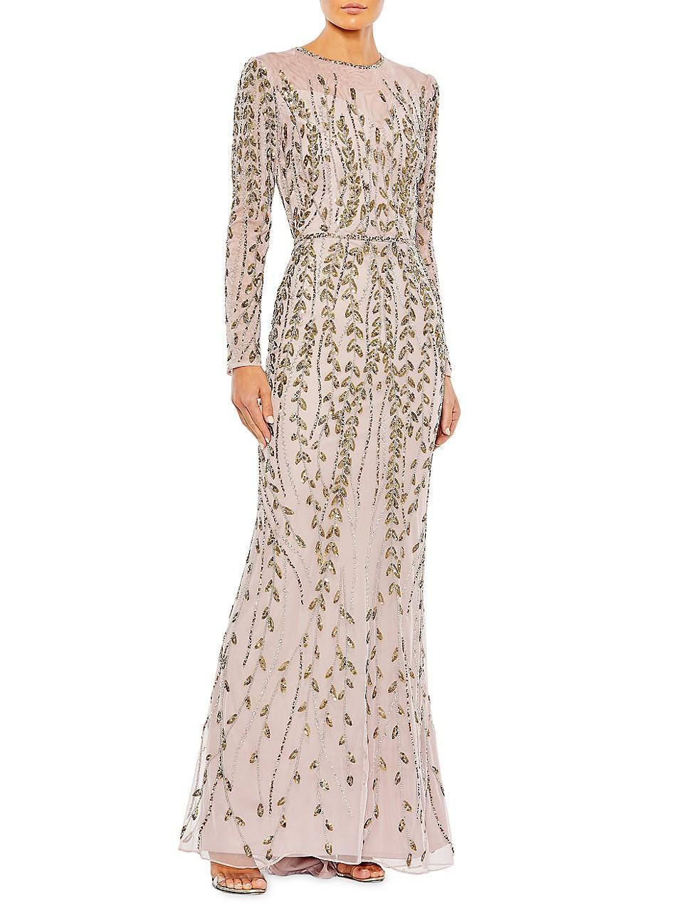 Womens Embellished Illusion High Neck Long Sleeve Gown Product Image