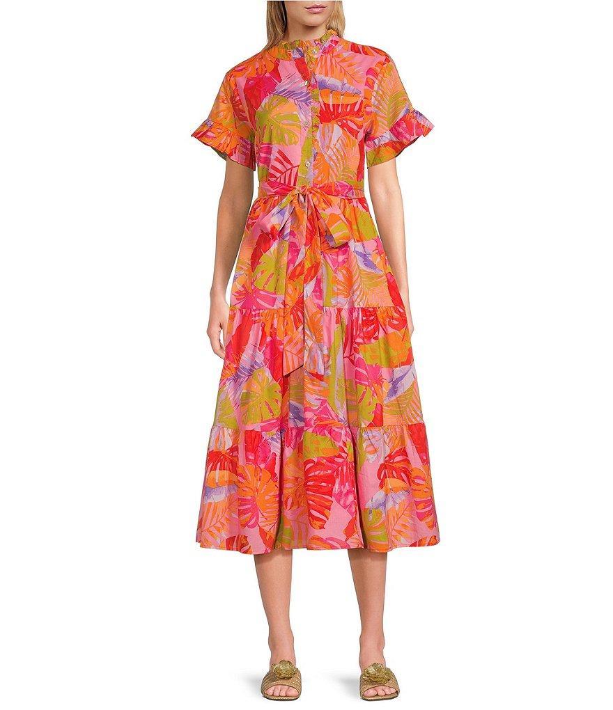 J.Marie Eden Printed Button Up Ruffle High Neck Short Sleeve Tie Waist Side Pocket A-Line Midi Dress Product Image