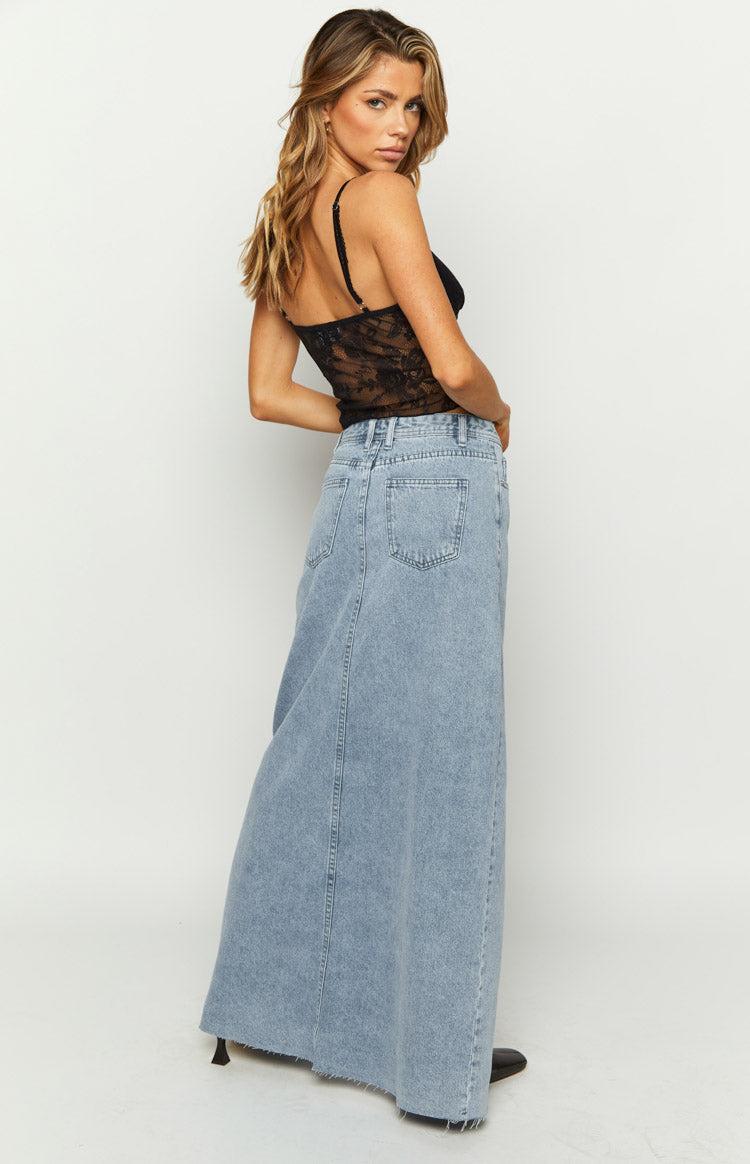 Blinding Lights Blue Denim Front Split Maxi Skirt Product Image