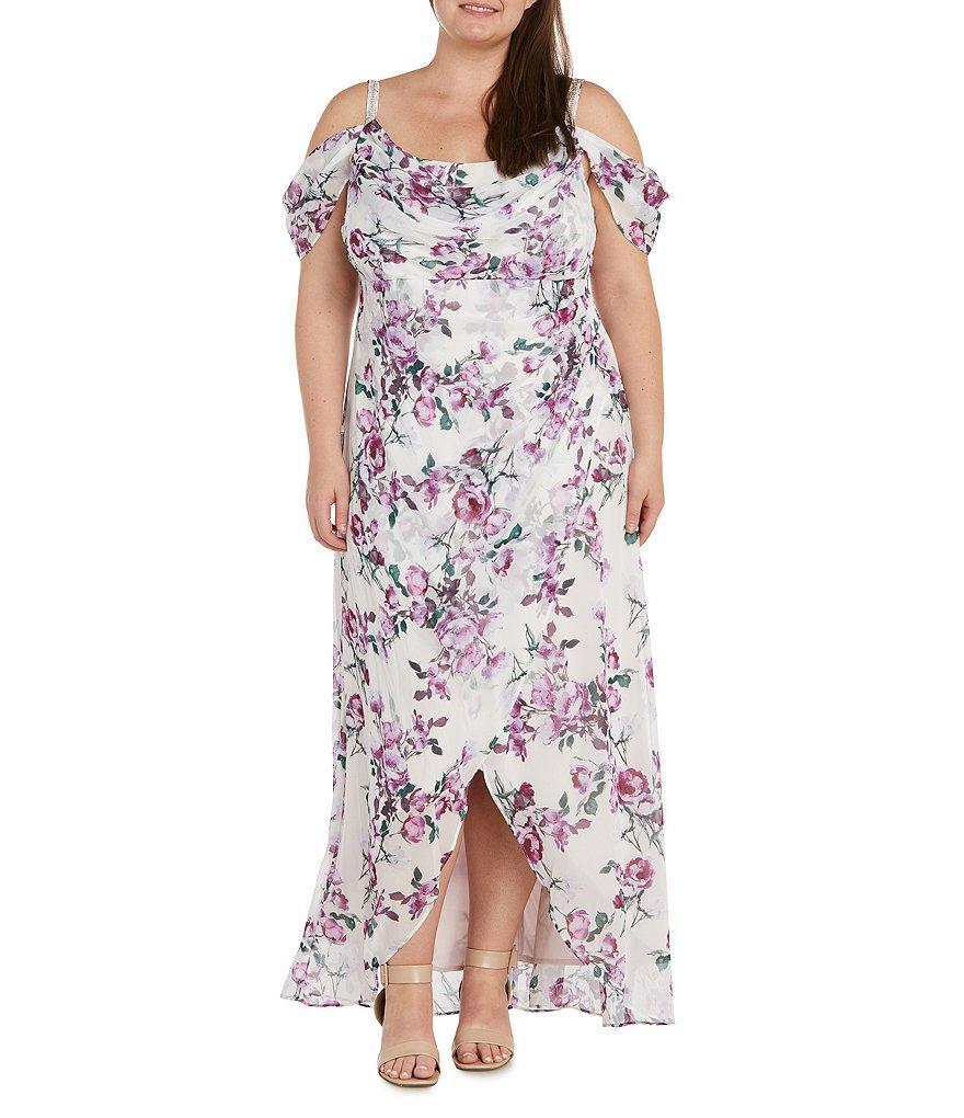 R & M Richards Plus Size Floral Cold Shoulder Cowl Neck Long Chiffon Dress Product Image