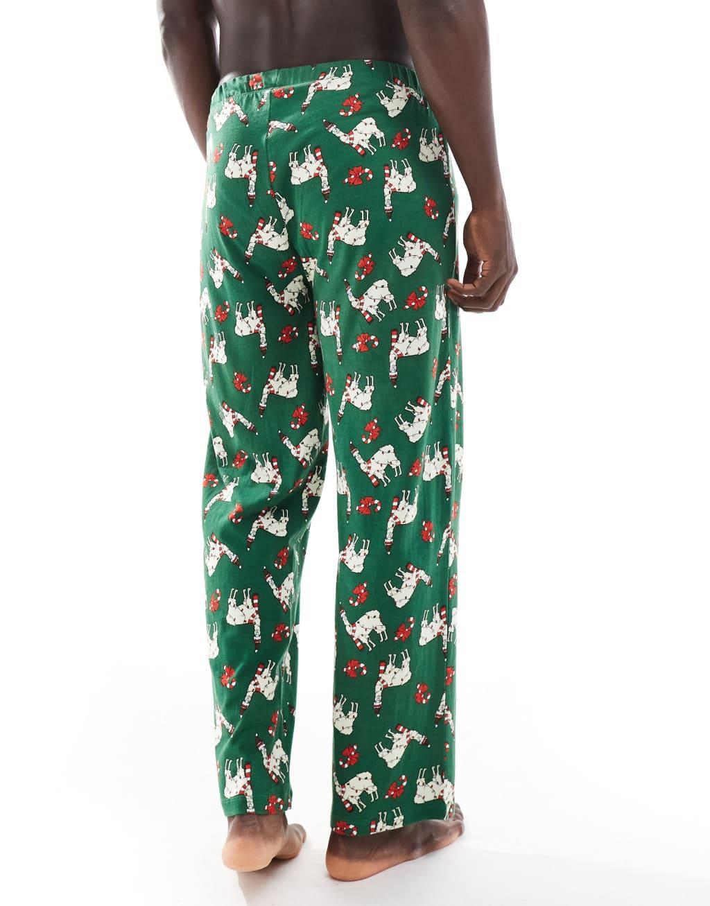 ASOS DESIGN christmas llama lounge pants in dark green Product Image