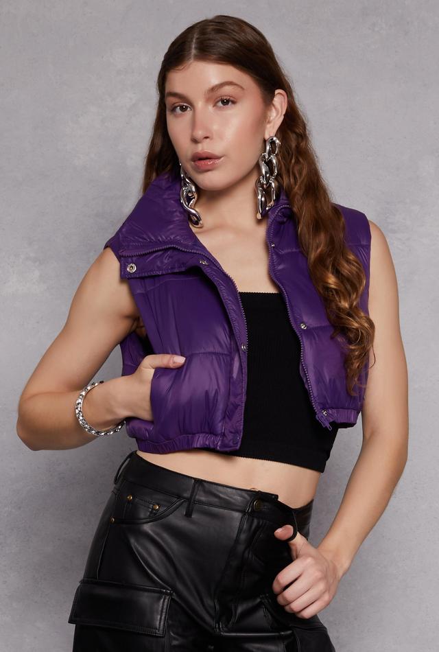 Womens Daisy Snap Button Zip Front Cropped Puffer Vest Product Image