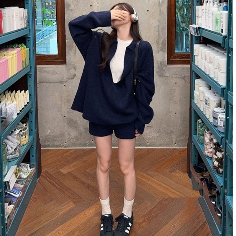 Set: Long-Sleeve Polo-Neck Plain Sweater + High Waist Shorts Product Image