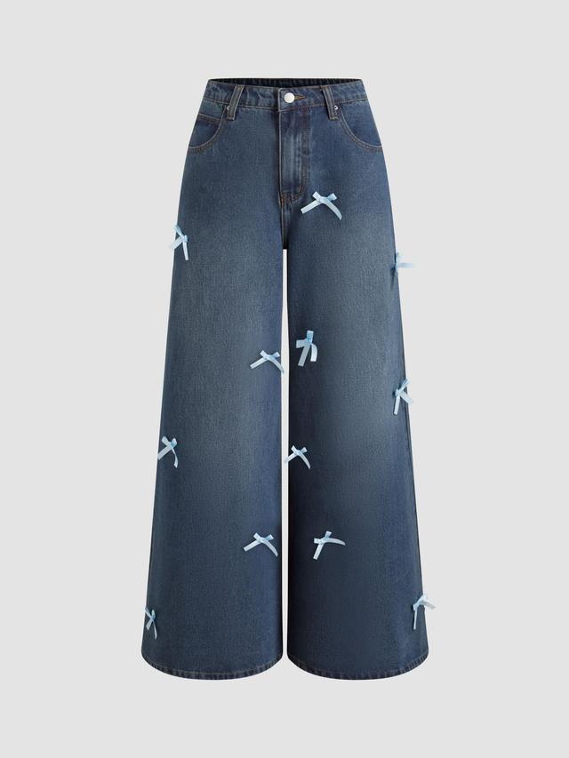 Denim Mid Rise Solid Bowknot Wide Leg Jeans Product Image