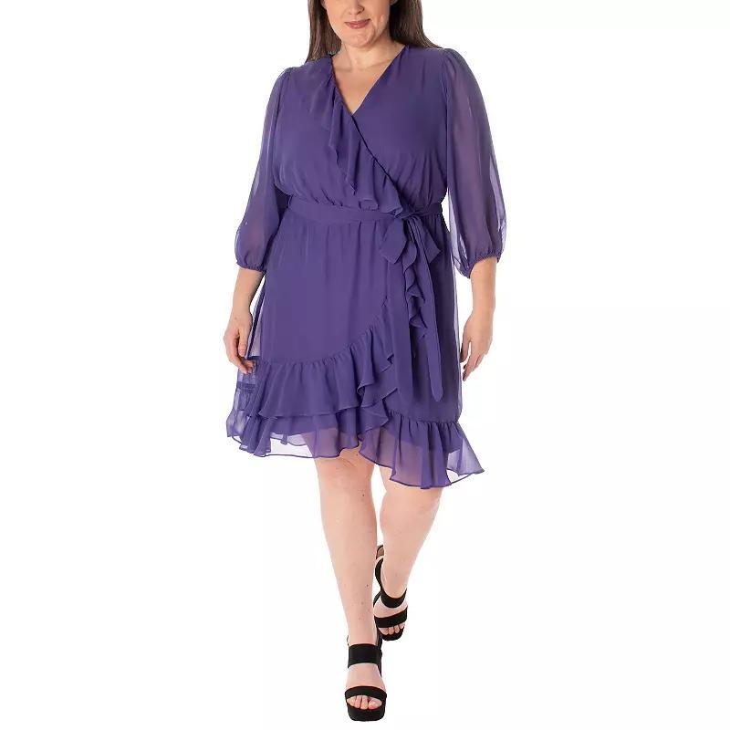 Plus Size Maison Tara Ruffle Trim Faux-Wrap Mini Dress, Womens Purple Product Image