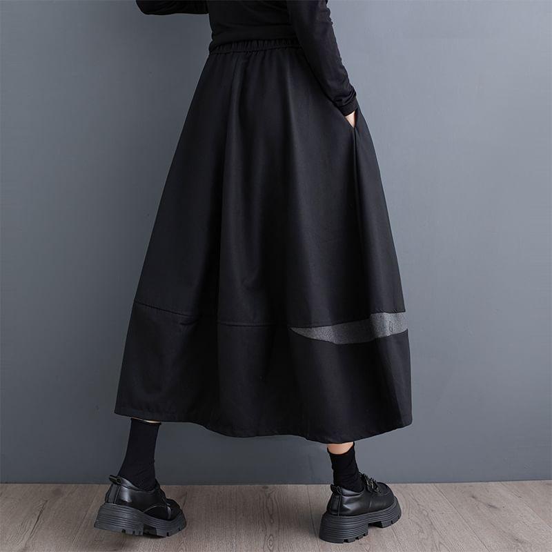 Drawstring Waist Two Tone Midi A-Line Skirt Product Image