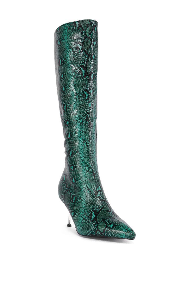 AZALEA WANG JACARANDA GREEN SNAKE EMBOSSED EMBELLISHED HEEL BOOT Product Image