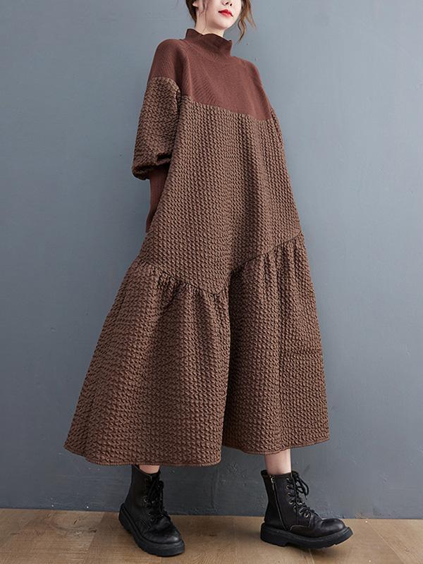 Casual Long Sleeves Loose Split-Joint Jacquard High-Neck Sweater Dresses Product Image