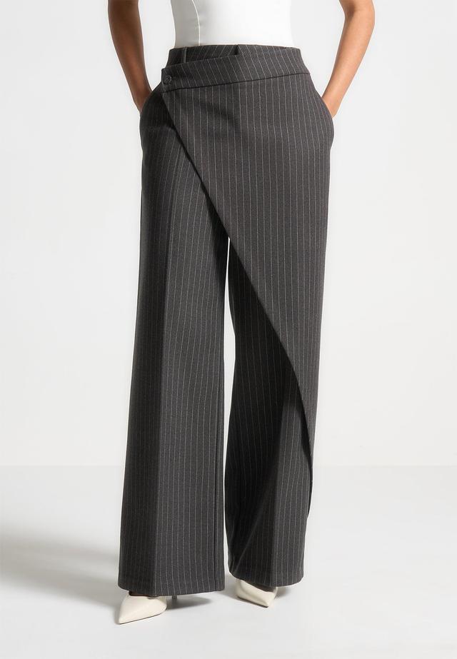 Wool Pinstripe Wrap Tailored Trousers - Grey Female Product Image