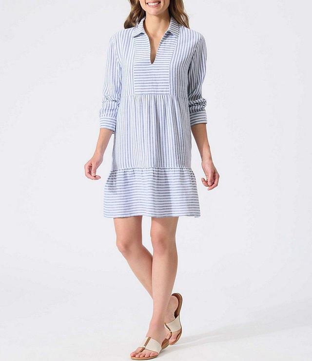 Tommy Bahama St. Lucia Stripe Point Collar V-Neck Long Cuff Sleeve Ruffle Hem Swim Cover-Up Dress Product Image