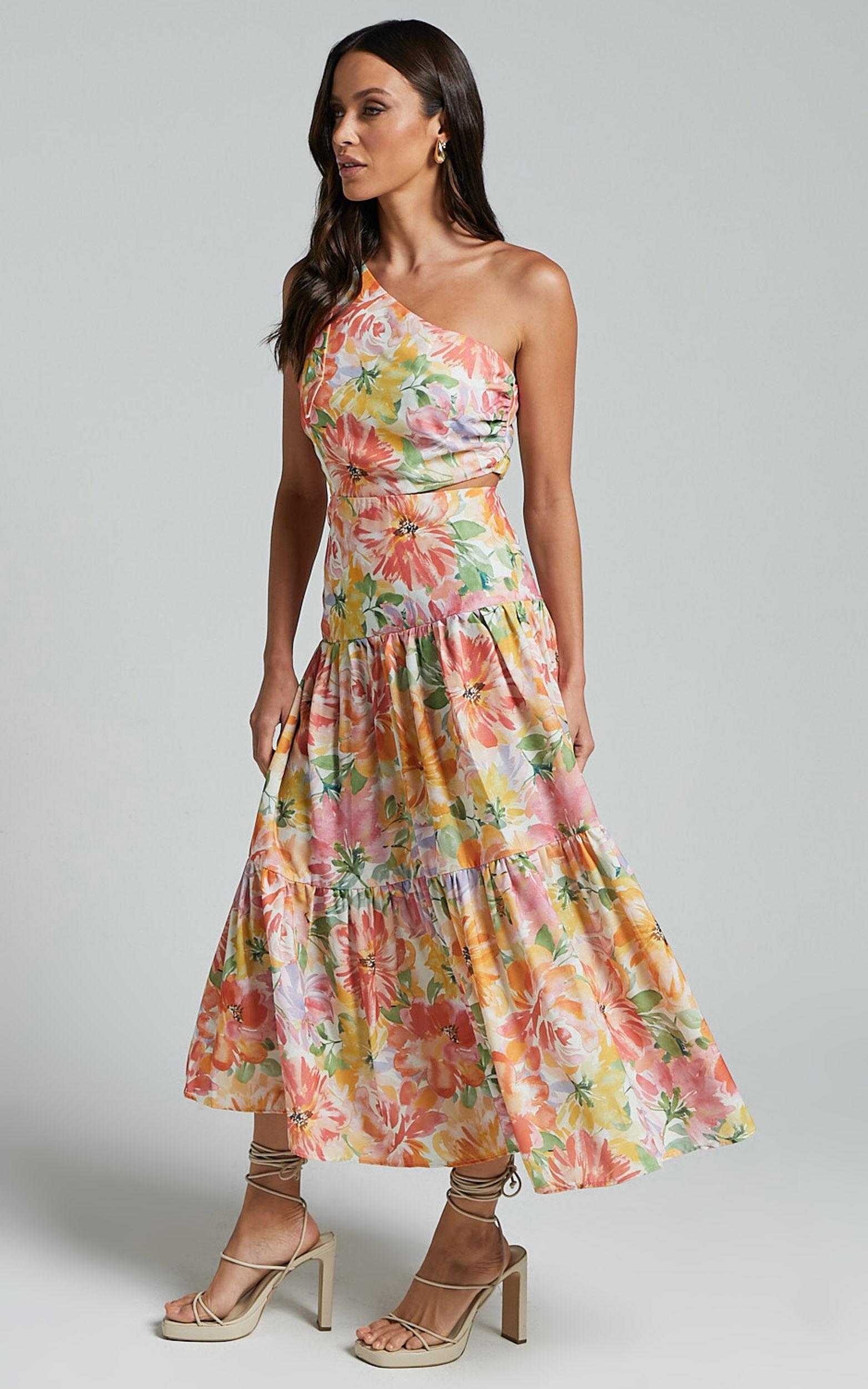 Mitzy Midi Dress - One Shoulder Cut Out Tiered Dress in Summer Floral Product Image