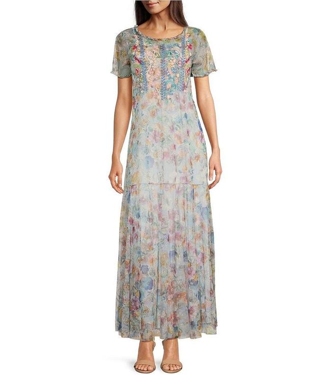 JOHNNY WAS Floral Print Mesh Knit Crew Neck Short Sleeve A-Line Maxi Dress Product Image